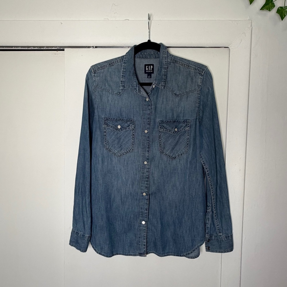 Gap Denim Womens Western Pearl Snap Long Sleeve Shirt Medium Wash Blue Size M
